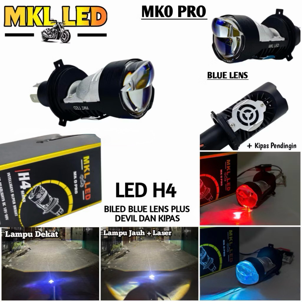 CR7 C805 - LED MKL MK0 PRO Lampu Utama LED H4 Biled Projector Blue Lens Plus Devil Kipas Motor Mobil