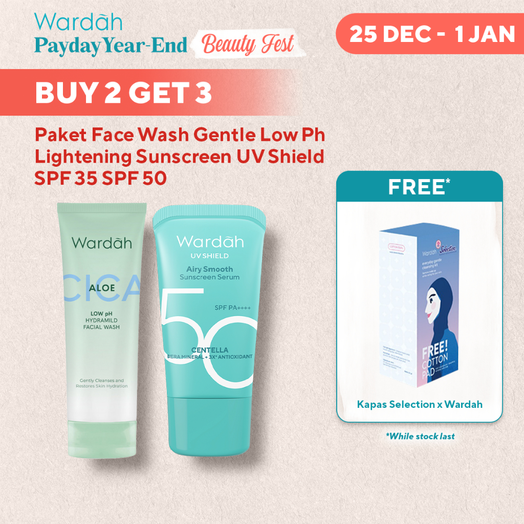 NEW WARDAH Paket Facial Wash Gentle Low Ph Lightening UV Shield Sunscreen 50 PA++++ /SPF 35 PA +++ -
