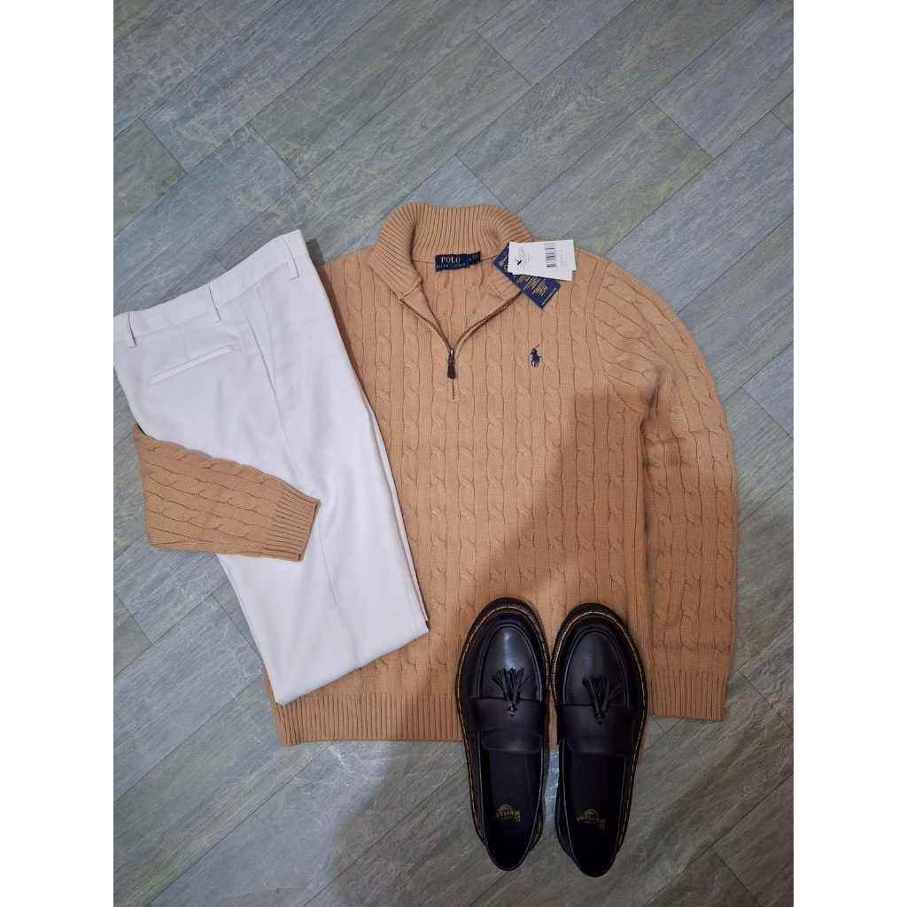 New Cable Knit Quarter Zip Sweater Brown Polo Ralph Lauren Pria Wanita Original