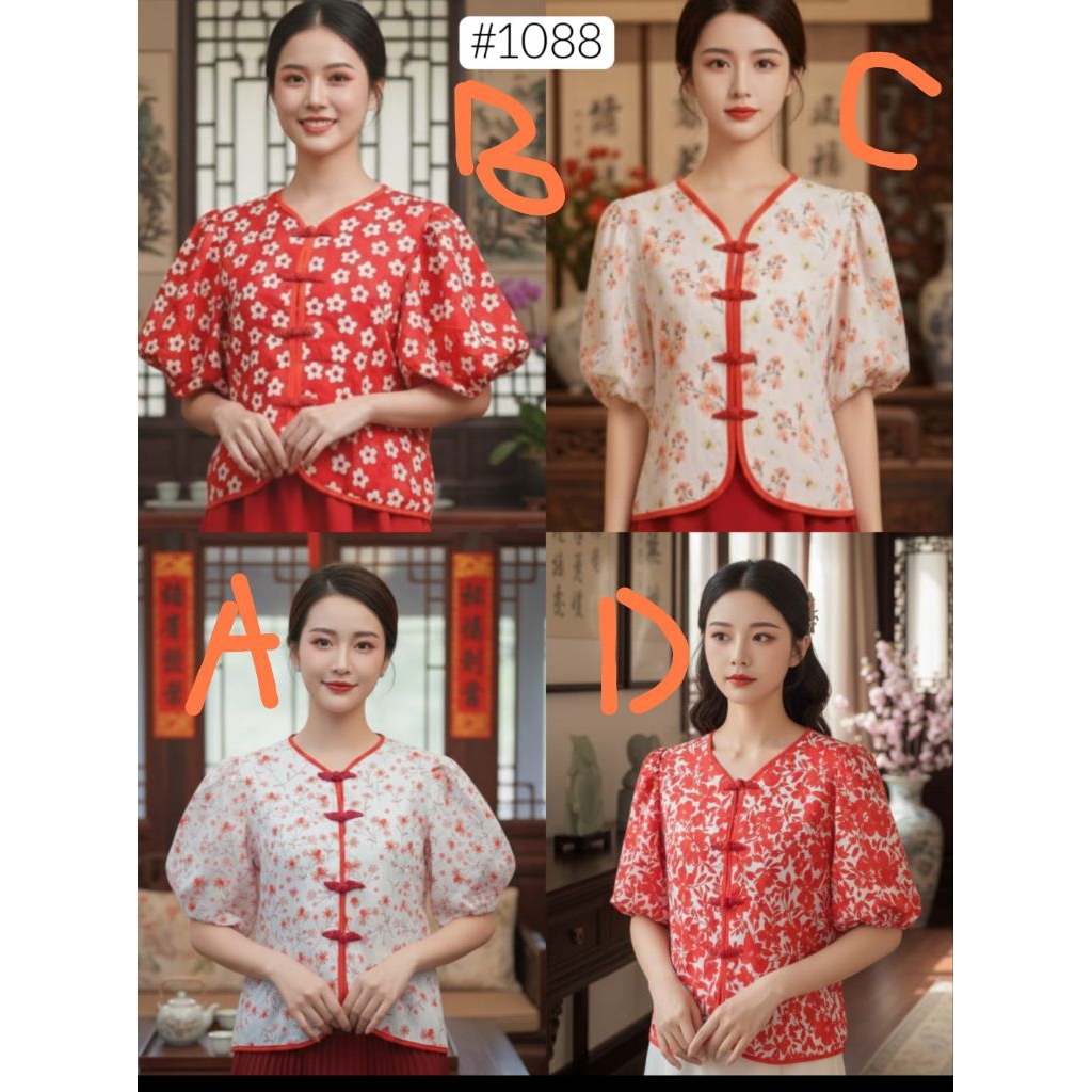 Atasan blouse cheongsam tangan pendek wanita tangan balon karet imlek