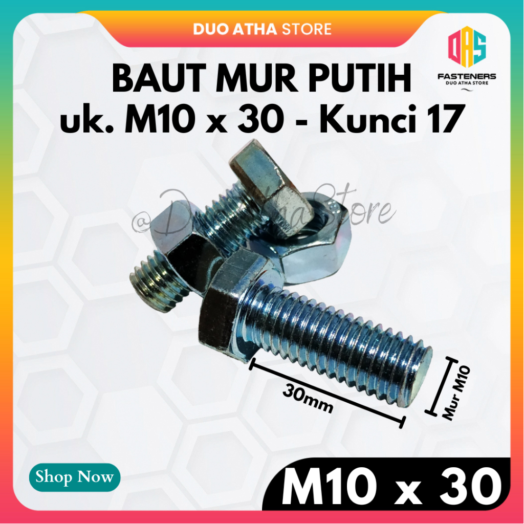 M10 X 30 BAUT MUR PUTIH M10x30 BMP M10 x 30mm HEX GALVANIS