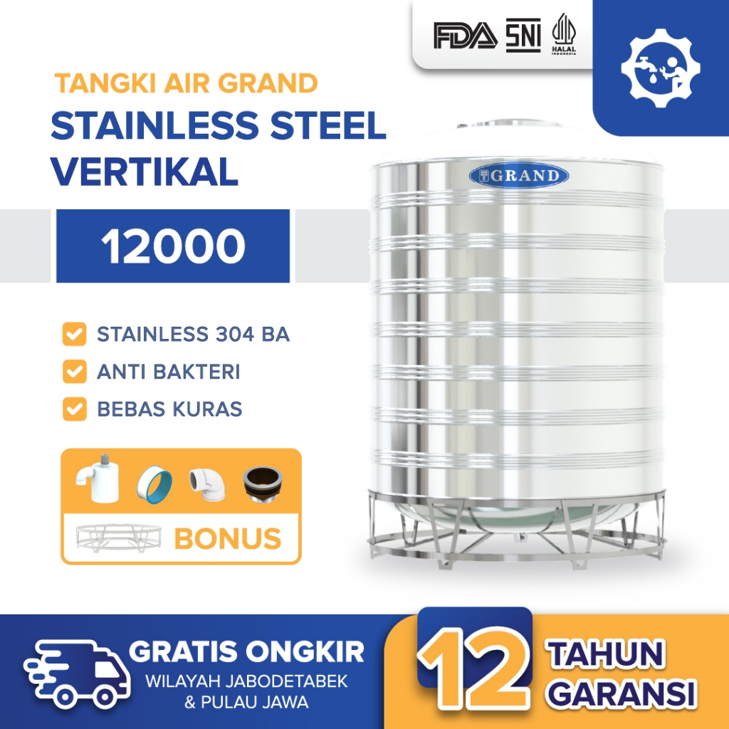 Tangki Tandon Toren Air Stainless Steel Grand TSV 12000 Garansi 12 Tahun Free Ongkir