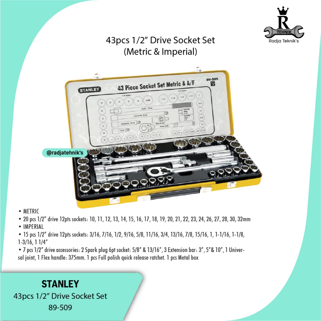 STANLEY  89-509 43 Pcs 1/2" Drive Socket Set (Metric & Imperial)  Kunci Socket  Kunci Shock Original
