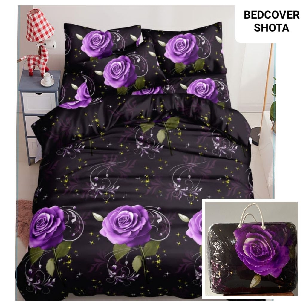 BISA COD BEDCOVER SET SEPRAI SHOTA SEPREI ESTETIC ESTETIK MOTIF BUNGA MAWAR ESTETIK WARNA HITAM UNGU