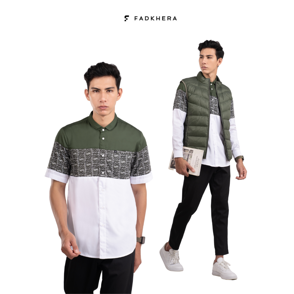 FADKHERA Koko Modern Khafid Kemko Batik Premium Putih Kombinasi Olive Kemeja Koko Pria Lengan Pendek