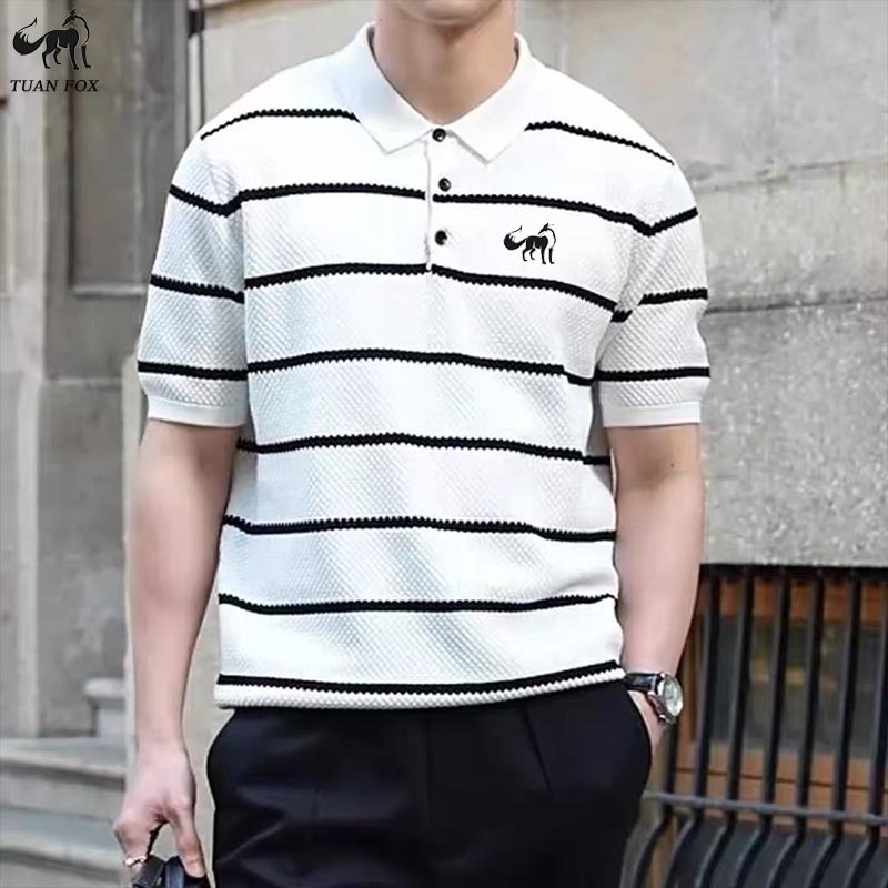 Tuan Fox kaos stripe pria Hitam and Putih kaos kerah pria lengan pendek kaos kerah pria premium bord