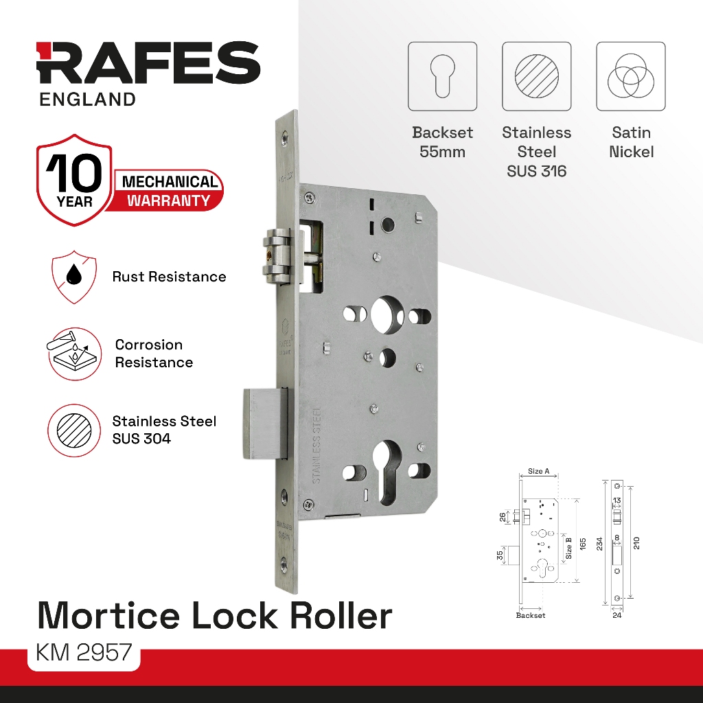 RAFES ENGLAND Mortice Lock Roller - RAFES Bodi Kunci Pelor - Backset 55 MM - Stainless Steel SUS 316