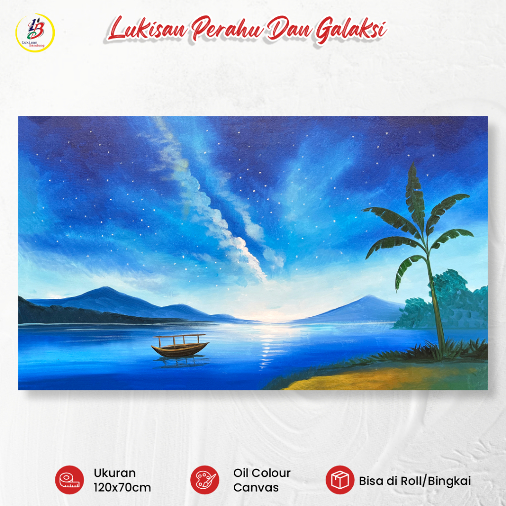 Lukisan Bandung Perahu dan Galaksi 120x70cm Lukisan Pemandangan Malam Kanvas Handmade