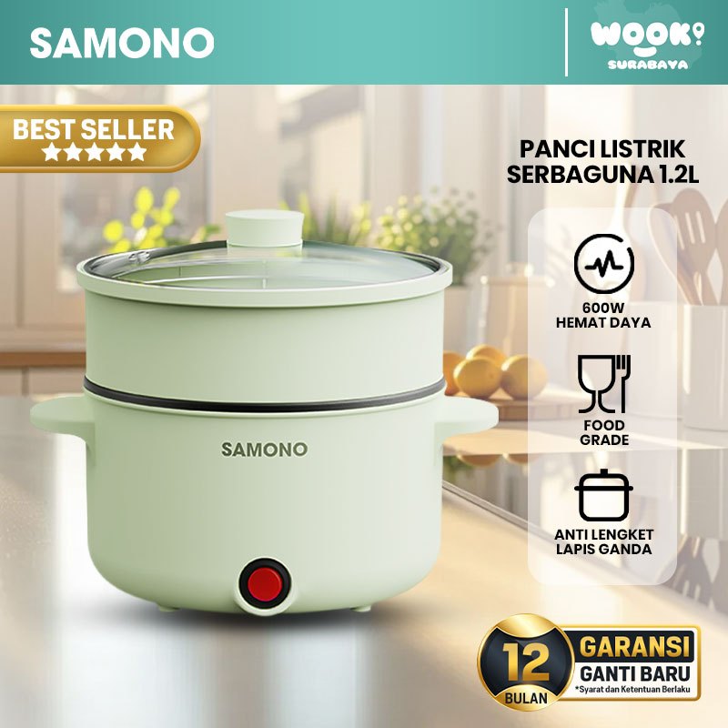 SAMONO Panci Listrik Serbaguna 1,2L Anti Lengket 600 Watt Material Food Grade Free Kukusan SW-DG04