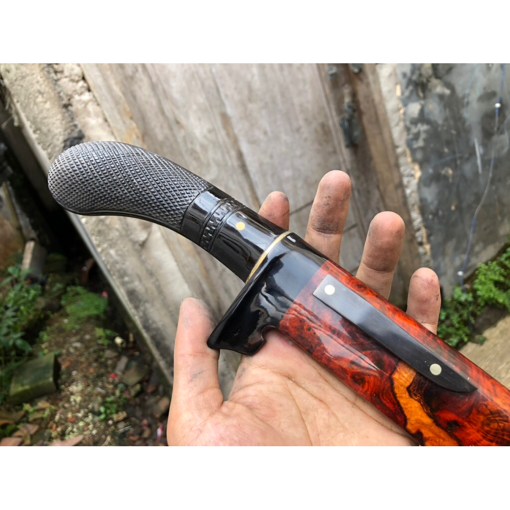 Pisau Sembelih Baja SELAP 20cm 59 HRC Tajam - Sarung Kayu BURL, Gagang Eboni, Fulltan di Pin