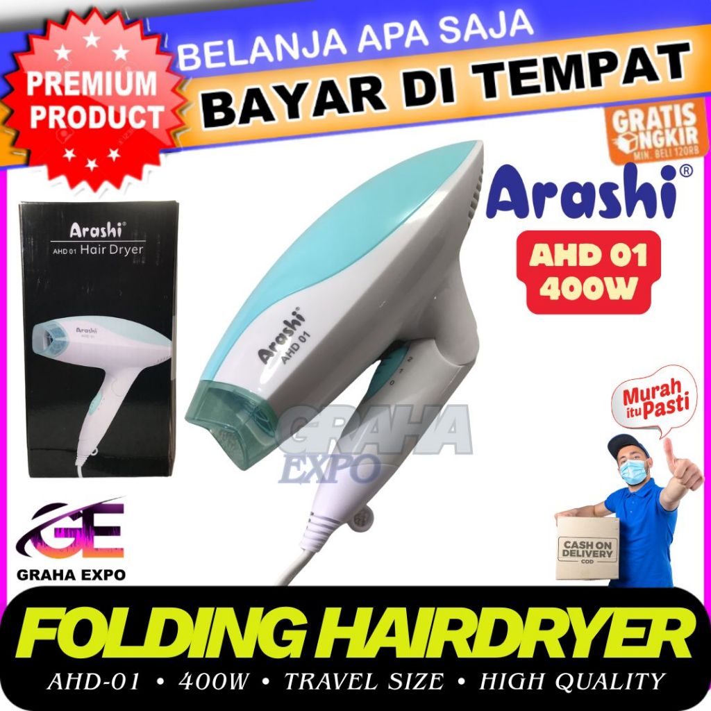 Folding Hair Dryer Alat Pengering Rambut Lipat 2 Mode Arashi AHD 01 Original HairDryer Kabel 2m Sasa