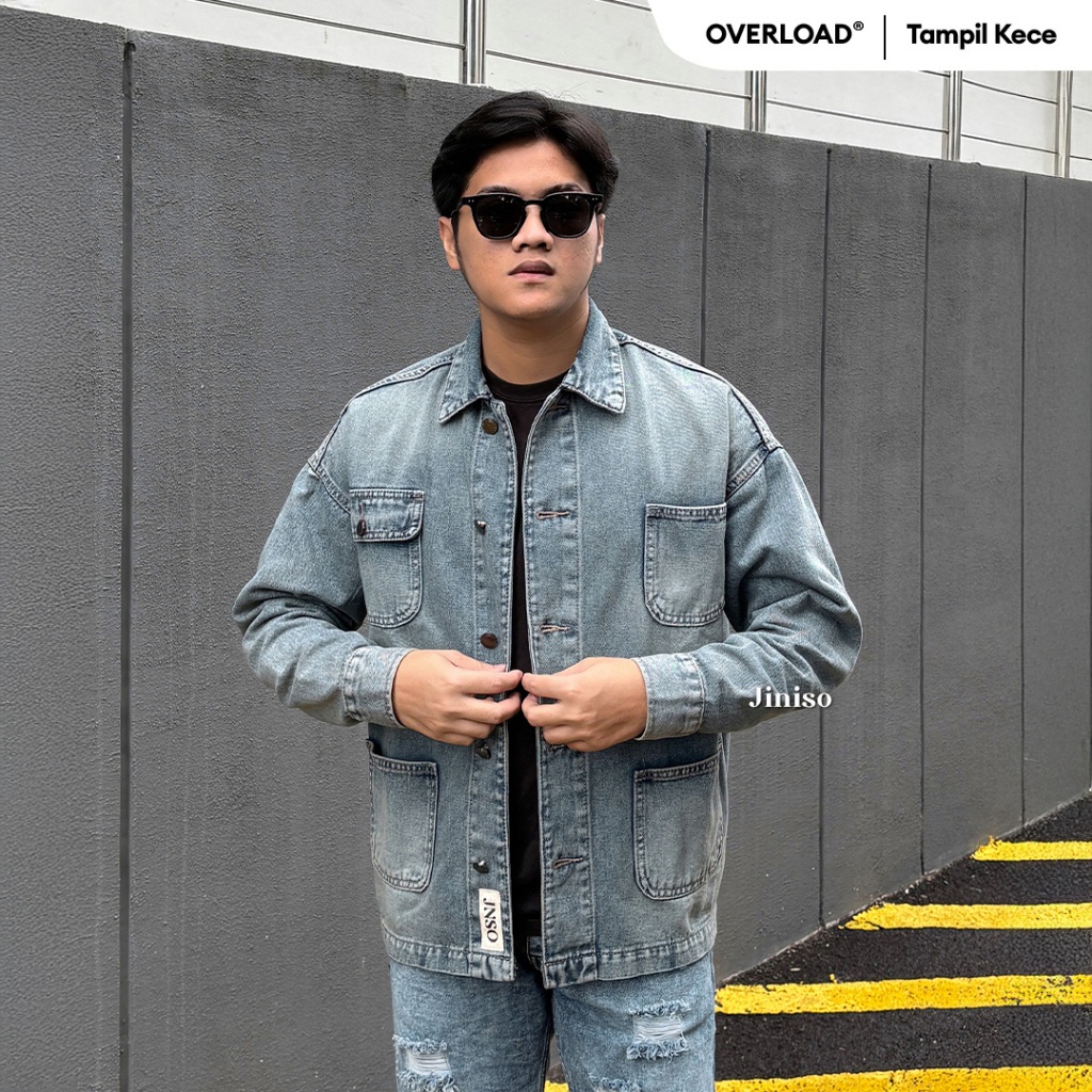 JINISO - Denim Pria Jaket Jeans Oversize WorkWear Blue Washed