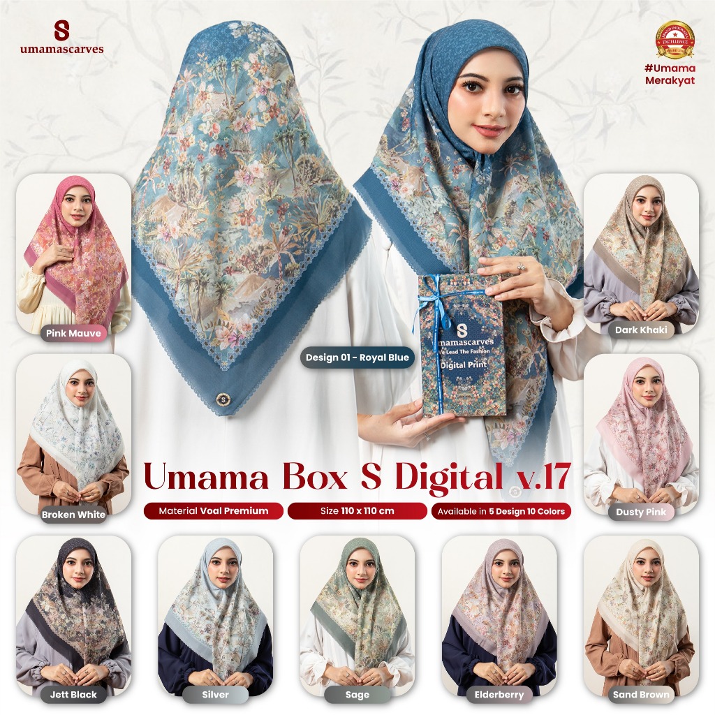 GROSIR BOX DIGITAL UMAMA SCARVES MOTIF DIGITAL PRINT,Jilbab Voal Motif Umama 110X110 isi 10pcs