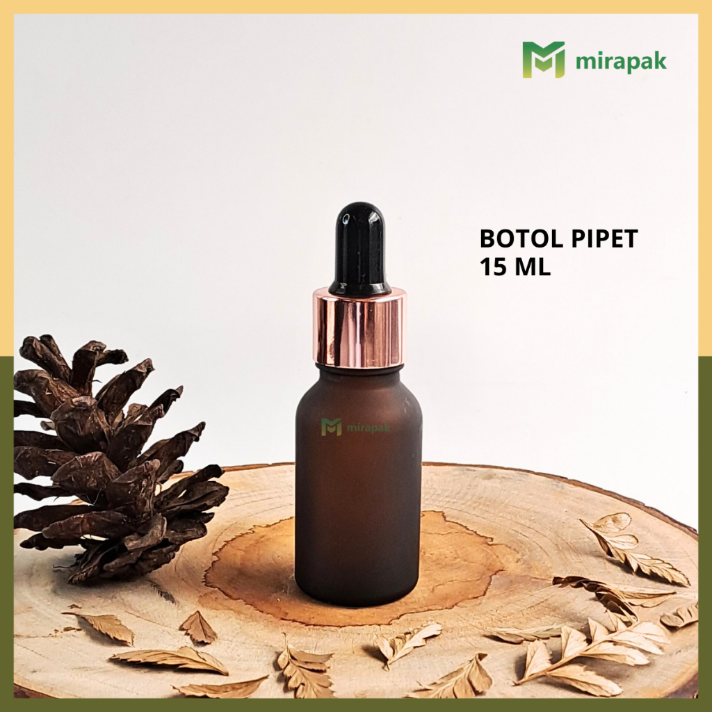 BOTOL PIPET 15ML COKLAT DOF FROSTED KACA TEBAL - RING ROSE GOLD KARET HITAM - SERUM KOSMETIK SKINCAR