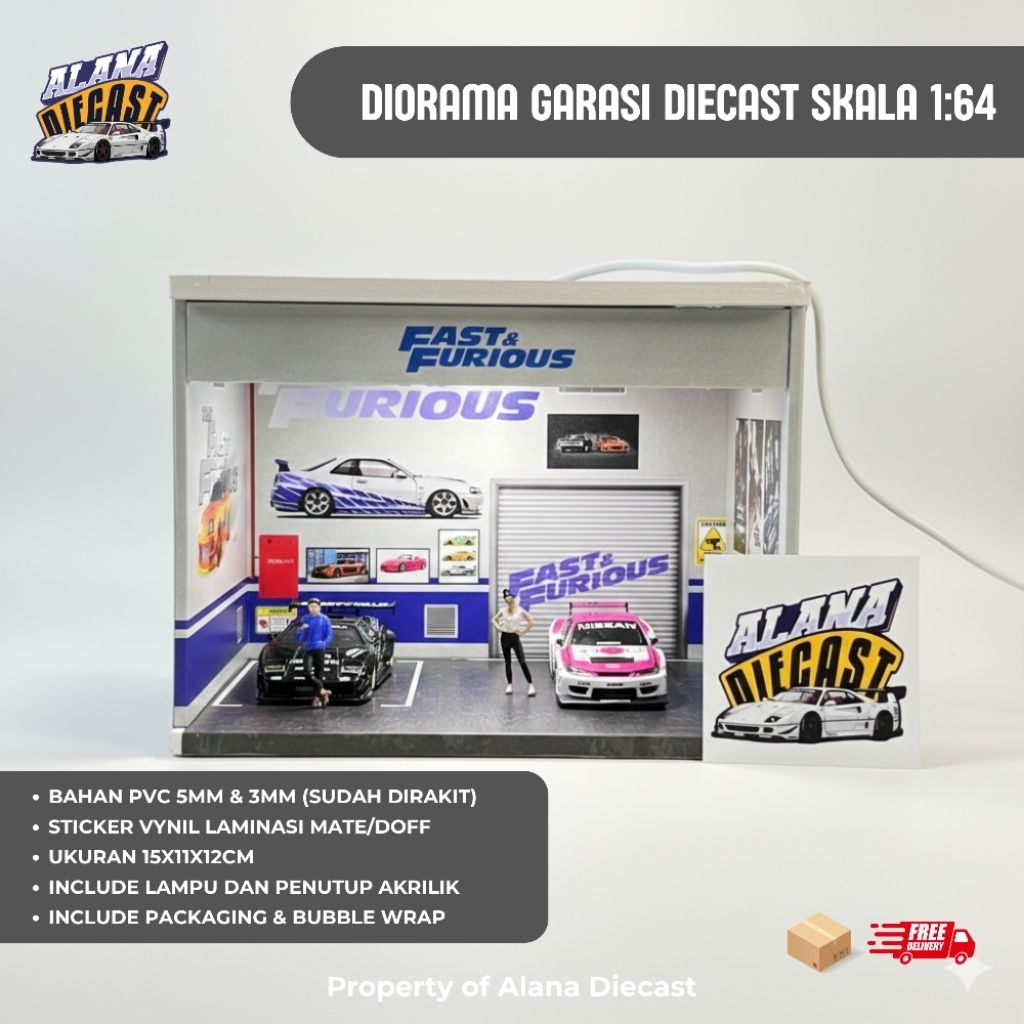 Diorama Garasi Hotwheels Mini GT skala 64 Tema Fast and Furious