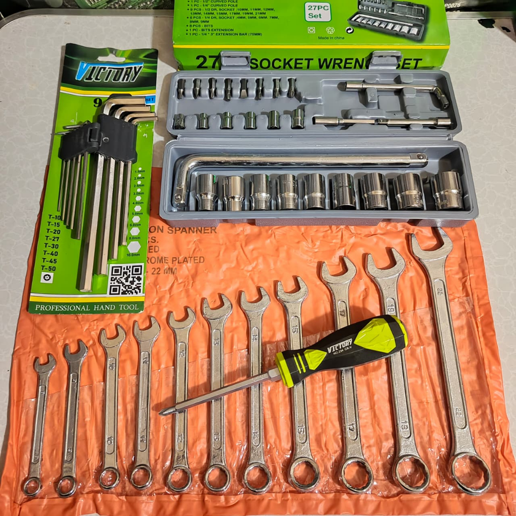 Paket Perkakas Kunci Shock Soket Set 27 Pcs + Kunci Ring Pas Diamond 11 Pcs + Kunci L Set 9 Pcs Panj