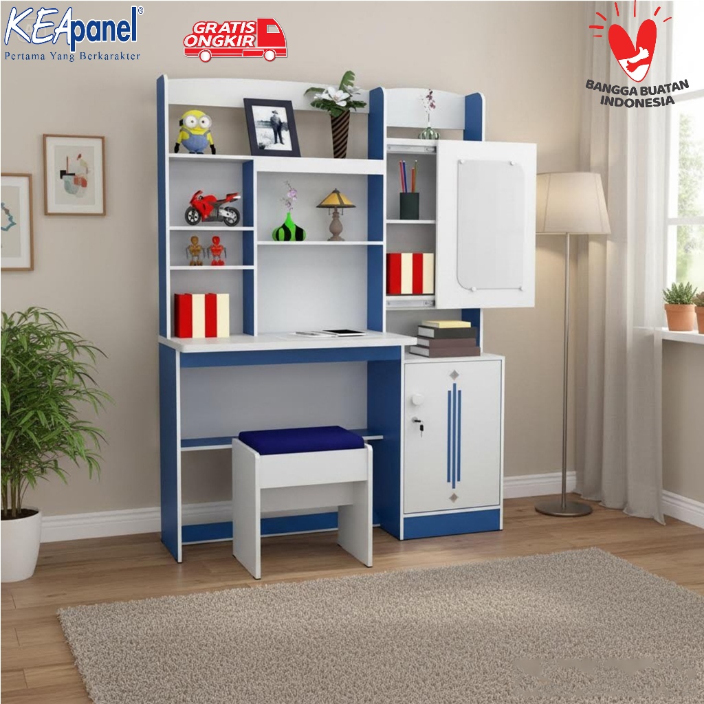 Meja Belajar Anak | Study Desk Rak Buku Lemari | White Blue Minimalis Modern