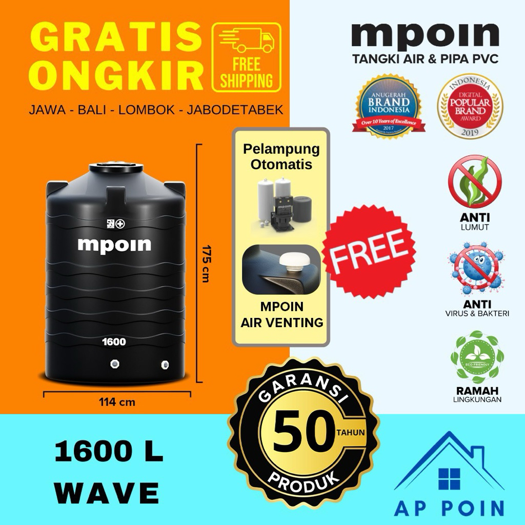 TANGKI TOREN TANDON AIR MPOIN PLUS WAVE 1600 L ANTI LUMUT GARANSI 50 THN