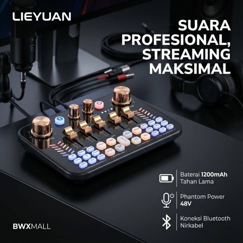 Mixer Audio External Soundcard Bluetooth V19 Support 48V Phantom Power 3 Input Mic Jack 6.5mm dan 3.