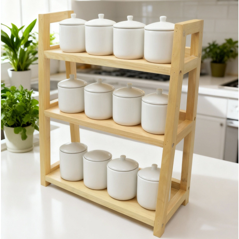 Rak Bumbu 3 Susun Rak Kayu Aesthetic Serbaguna Rak Kosmetik Cewe Full Kayu Pinus