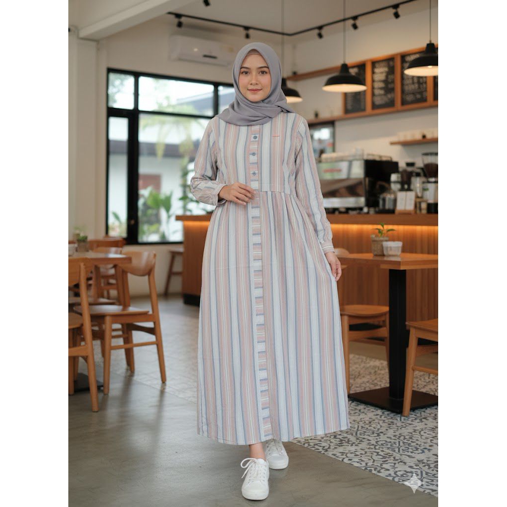 Gamis katun triset dres motif kotak salur