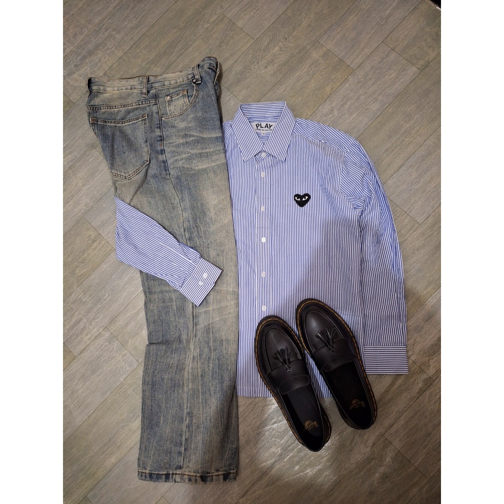 Kemeja Stripe Blue Navy Cdg Play Pria Wanita Cotton Original