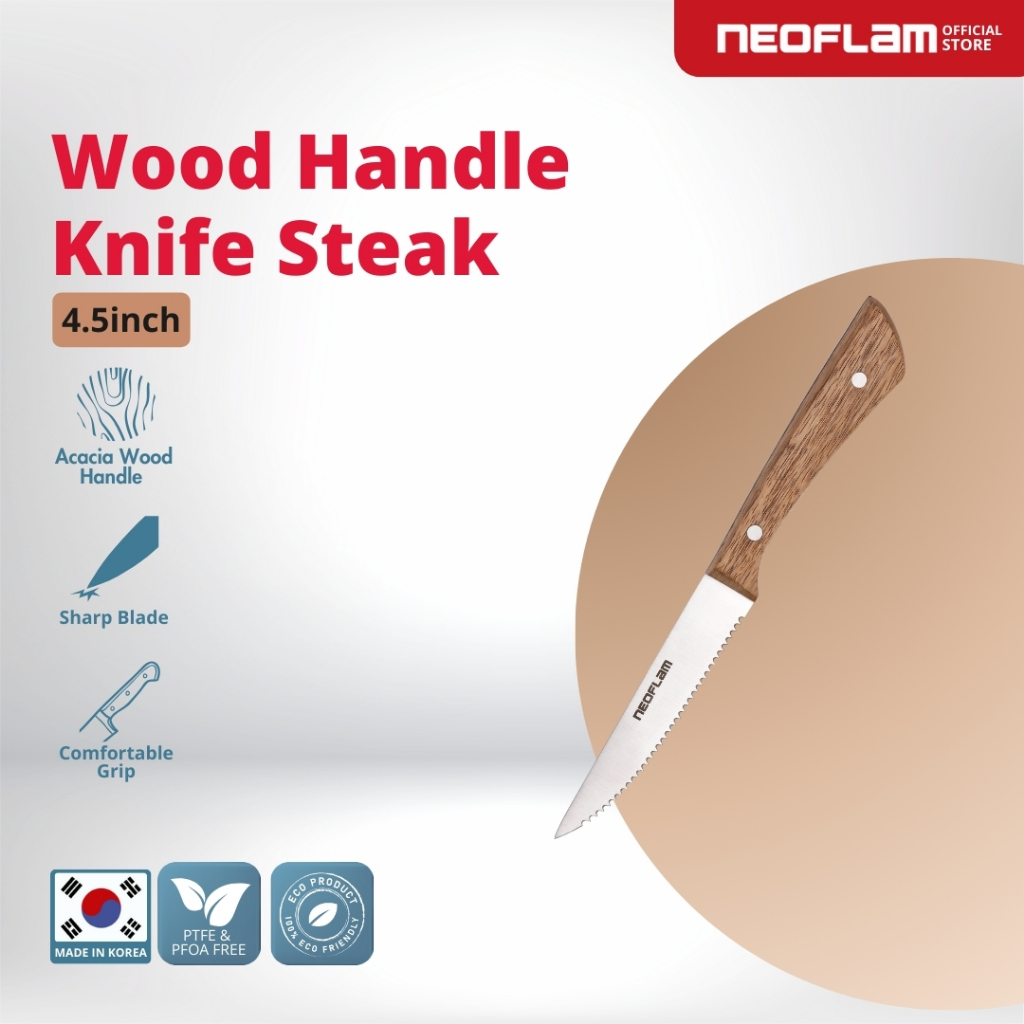 NEOFLAM Wooden Handle Knife Steak 4.5" - Pisau Gagang Kayu Stainless Steel & Tajam