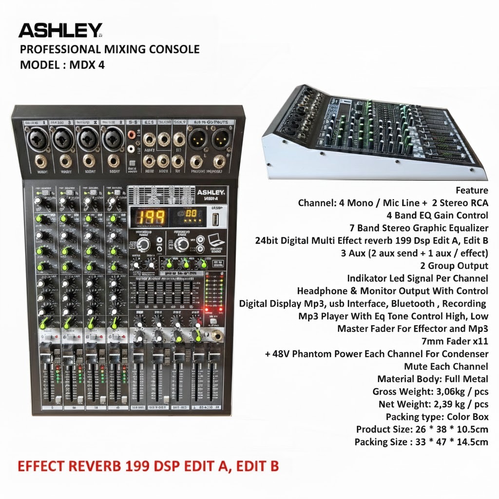 Mixer Ashley MDX 4 Original 4 Ch / Mixer Audio 4 Channel Ashley MDX4 Bluetooth Effect Reverb 199 DSP