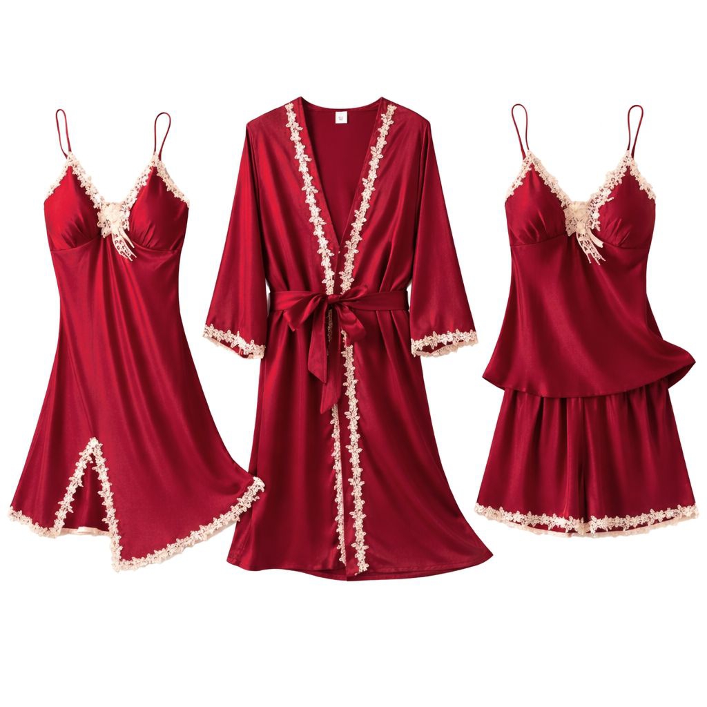 Piyama Wanita 4in1 Set Kimono – Baju Tidur Silk Sutra Premium Import