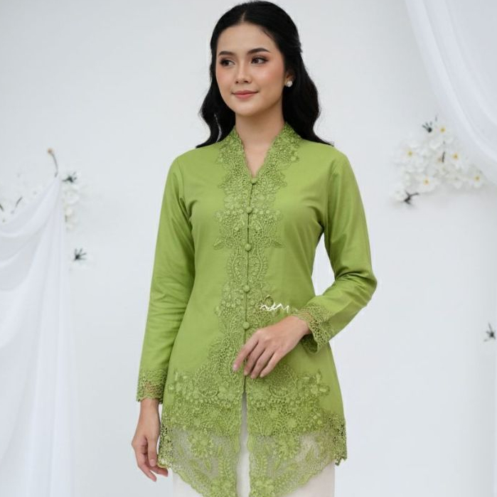 Kebaya encim Bordir Senada Lengan Panjang  - Atasan Kebaya encim Senada Katun Adem Premium