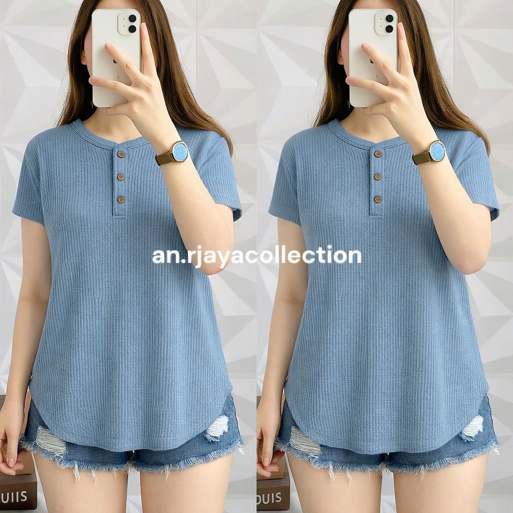 KAOS WAFFLE KANCING LENGAN PENDEK // ATASAN WANITA TERMURAH // TERSEDIA SIZE JUMBO