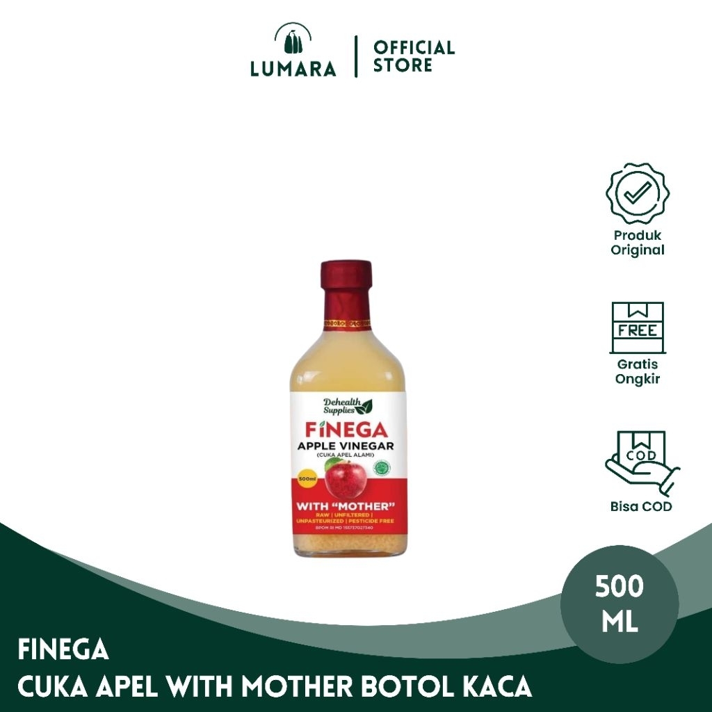 Finega Cuka Apel With Mother 500 ml Botol Kaca Cuka Apel Alami Atasi Kolesterol