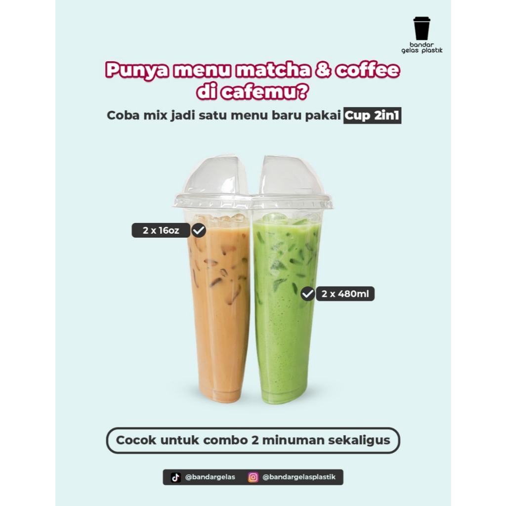 (ISI 25PCS) Gelas 2in1 Twincup 32oz (16oz x 2) Gelas Plastik Kembar Twin Cup Tutup Dome