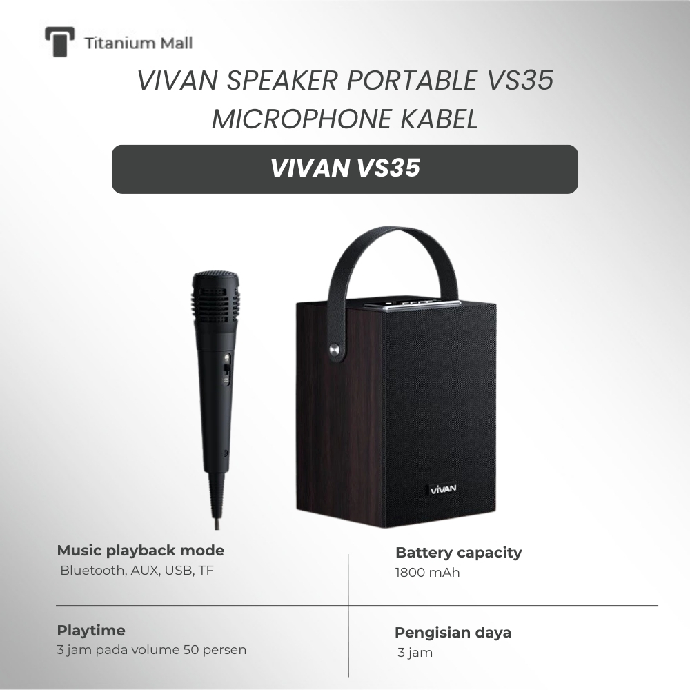 Speaker Bluetooth Karaoke VIVAN VS35 Kayu TWS Mic Included