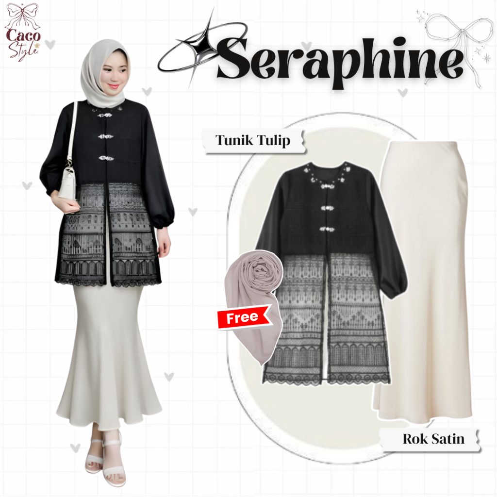 SERAPHINE OneSet 3In1 Outfit Tunik Lebaran Kekinian ( Bella Square + Tunik Tulip + Rok Satin ) -CO82