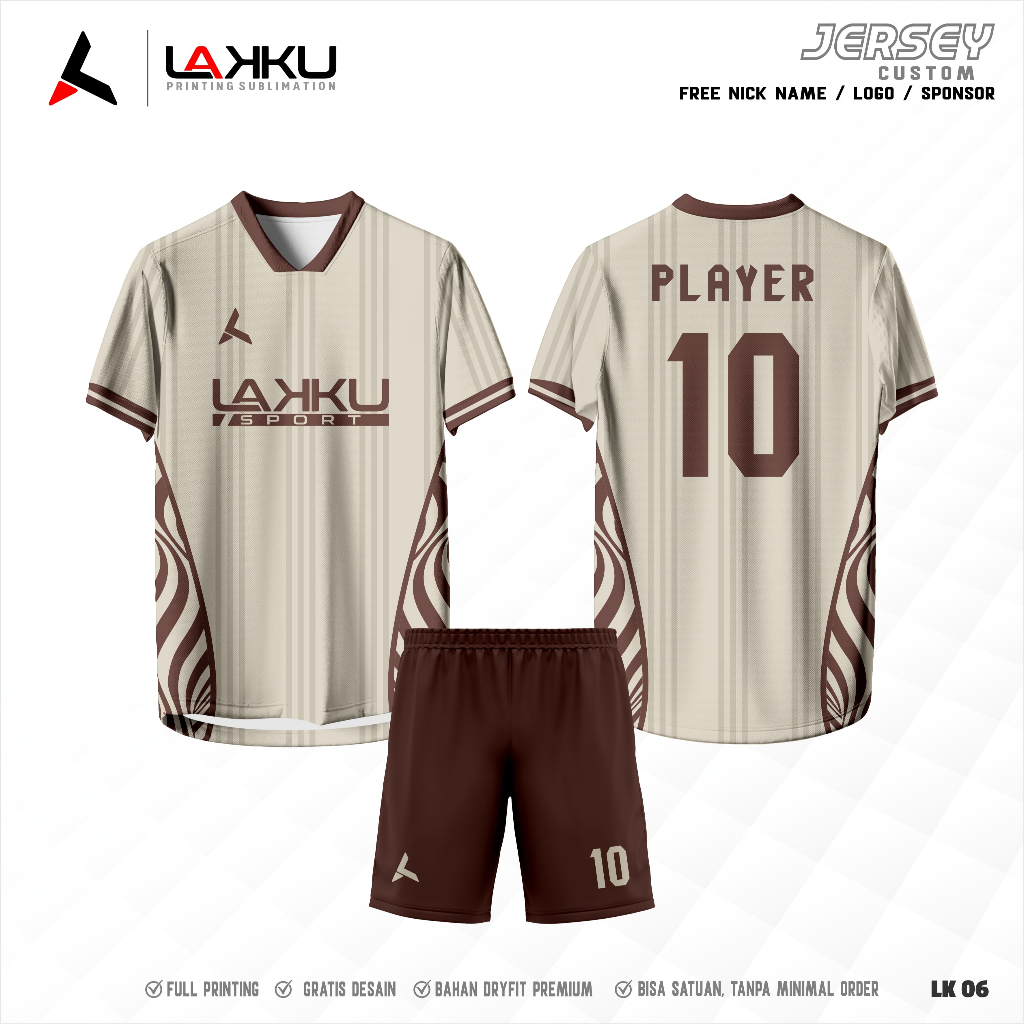 Lakku Jersey  Futsal / Sepak Bola Full Printing Cream-Coklat Tua Keren/ Bebas Custom Desain/ Free Na