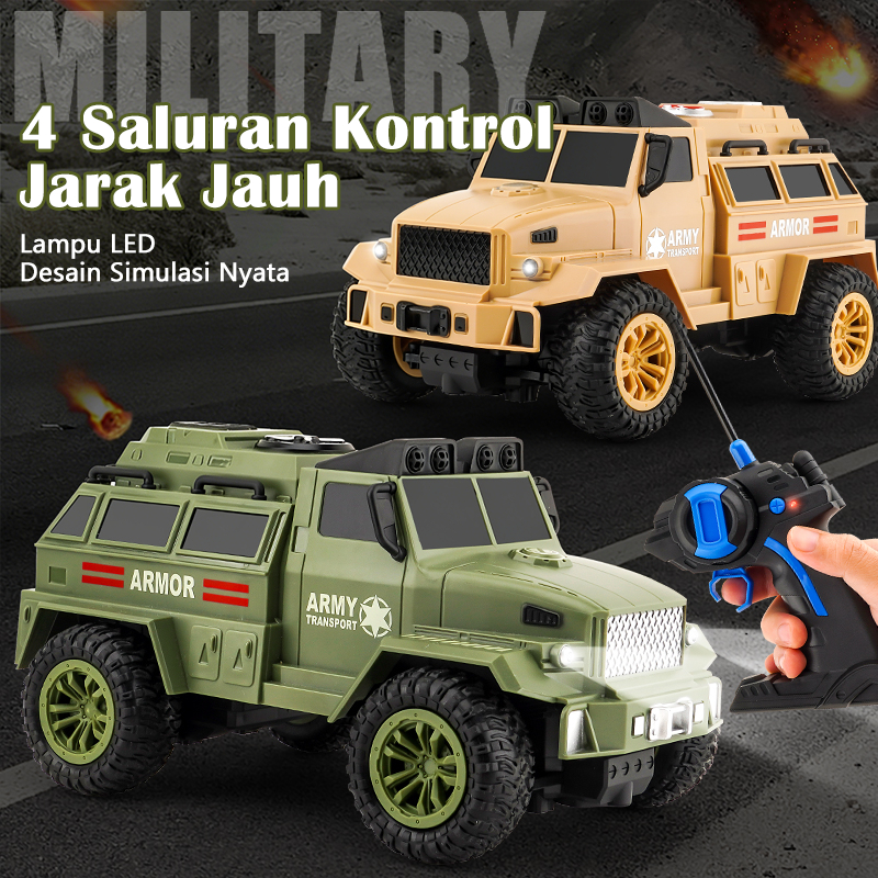 RC Mobil Militer 4WD Remote Control Truk Militer dengan Lampu dan Ban Anti Selip RC Mobil Monster Of