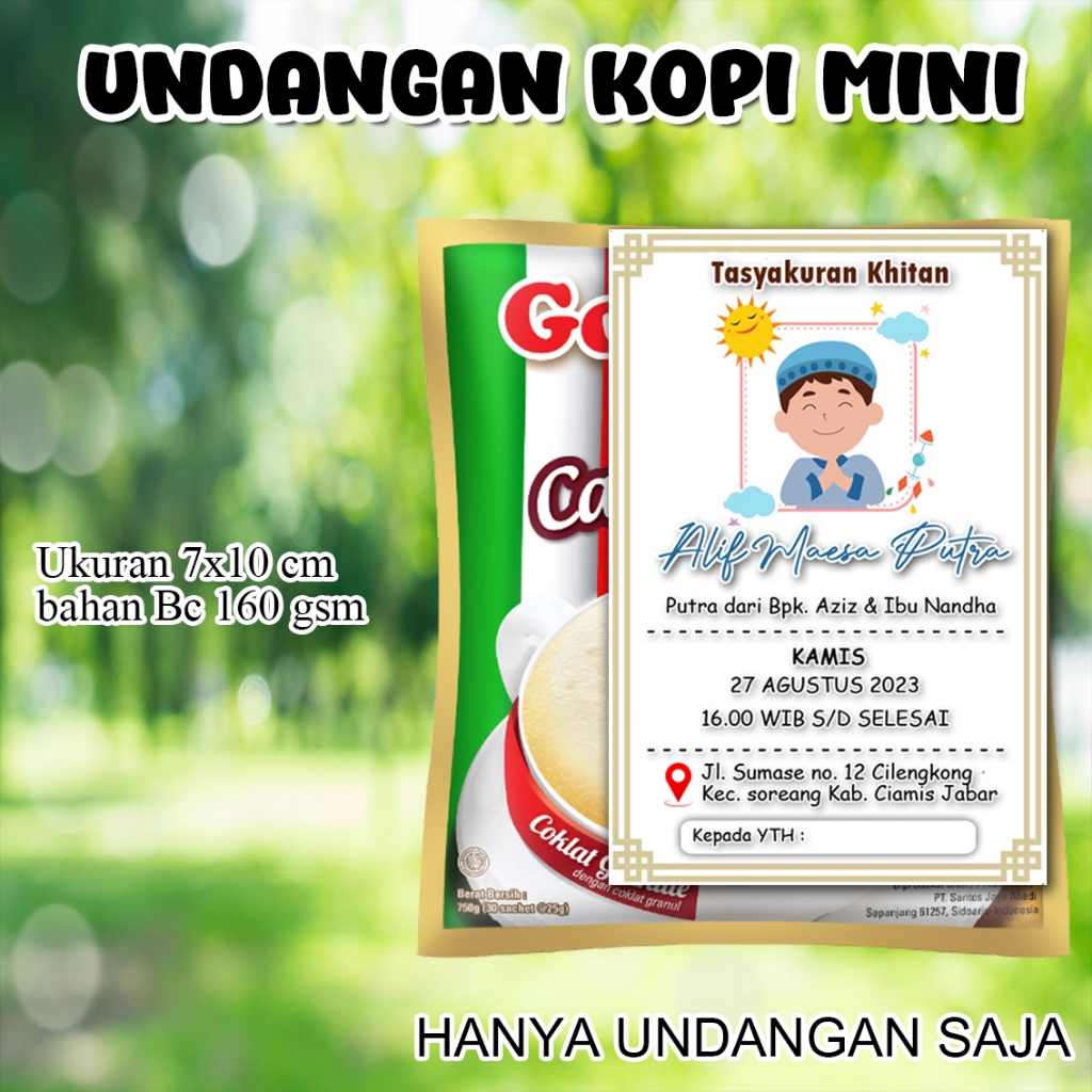 Undangan mini kopi KM 05 khitanan pernikahan ukuran 7.5 x 9 Cm bahan Karton BC