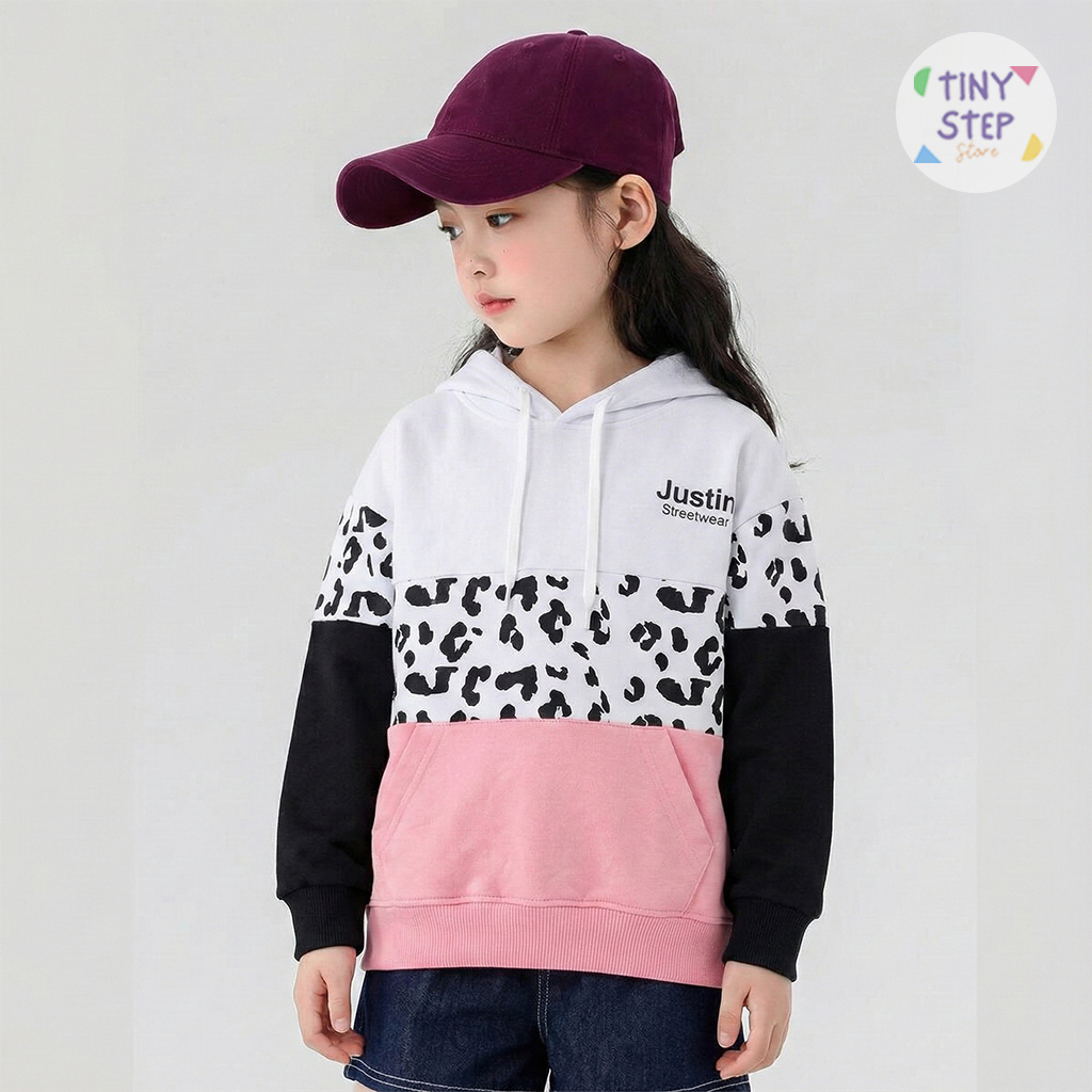 Jaket Hoodie Anak Perempuan Tanggung Usia 8-12 Tahun Sweater Cewek Motif Leopard Korea Style Bahan F