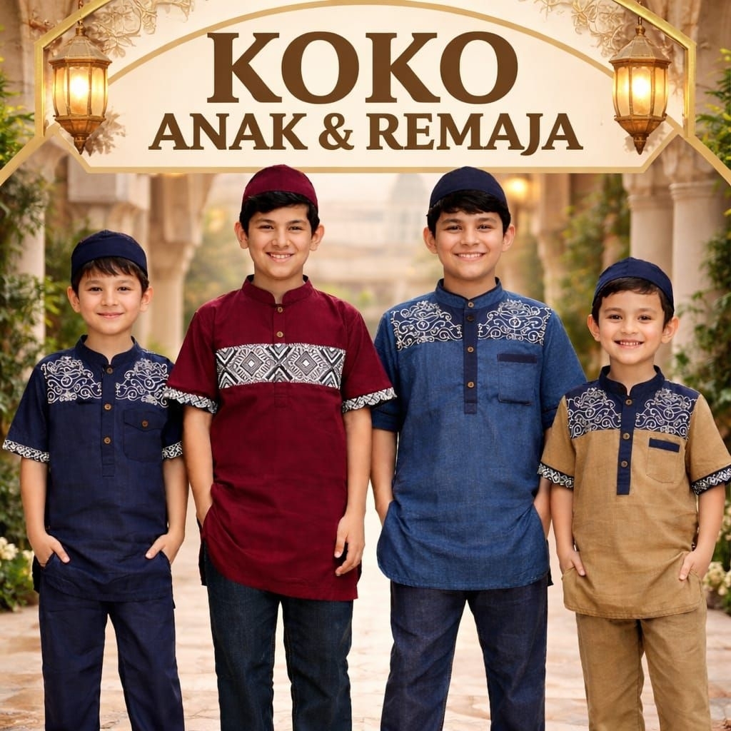 VIZAR Setelan Baju Koko Muslim Anak Laki-Laki – Bahan Katun Denim Adem Tebal Size 4–15 Tahun