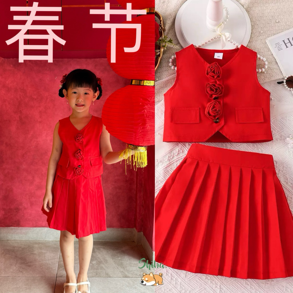 (4-7 TAHUN) Setelan Baju Merah Rok Merah Imlek Anak Perempuan | Dress Merah Anak Perempuan | Set Baj