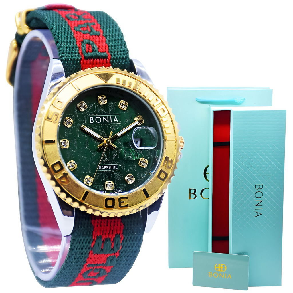 [ Free Fullset Box + Kartu + Paper Bag ] Jam Tangan Wanita Bonia Gold Tali Kanvas Green Sesuai Foto