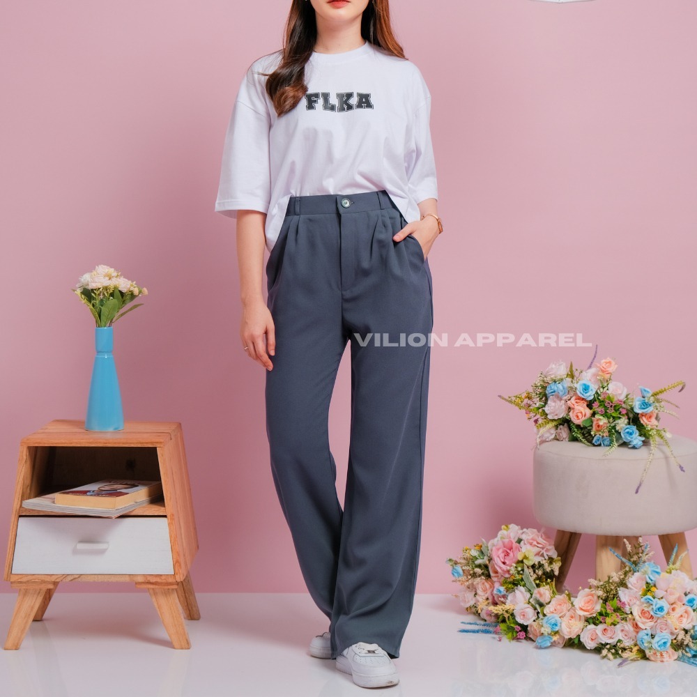 Loose Pants Korean Style - Celana Kulot Highwaist Flowy Bahan Jatuh - Premium Polyester - Celana OOT