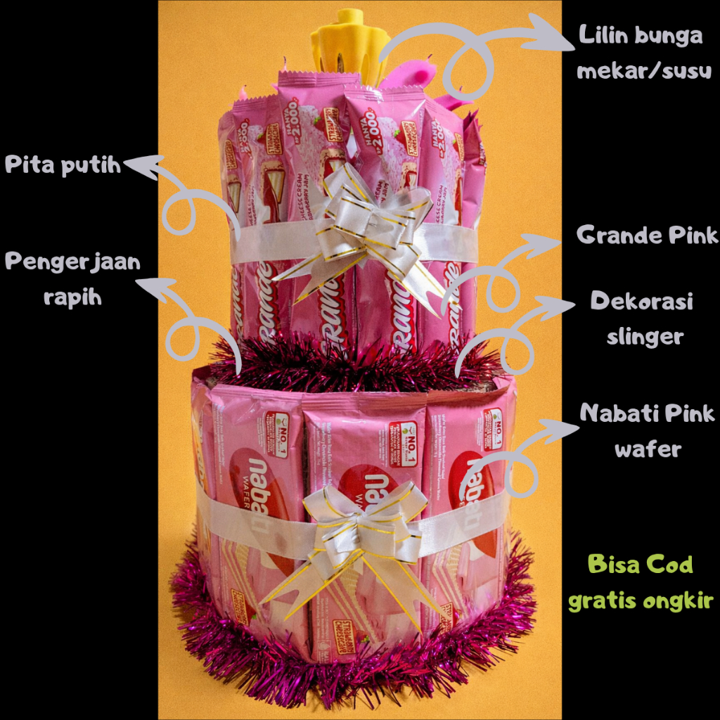 Tower snack tema warna pink lampu led full dekorasi ulang tahun khitan kue bertingkat