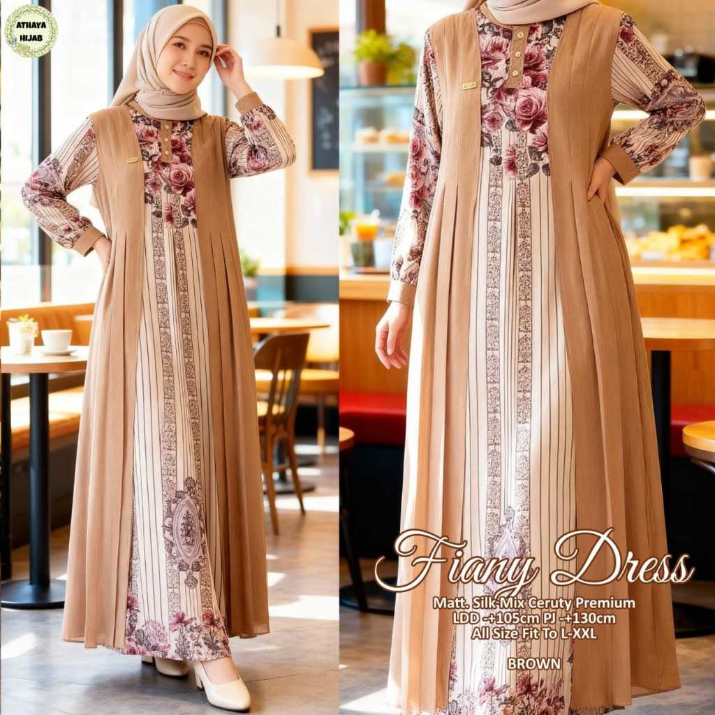 Fiany Dress Gamis Long Dress Outer Layer Muslimah Original "ATHAYA HIJAB" Silk Mix Ceruty Premium Mo