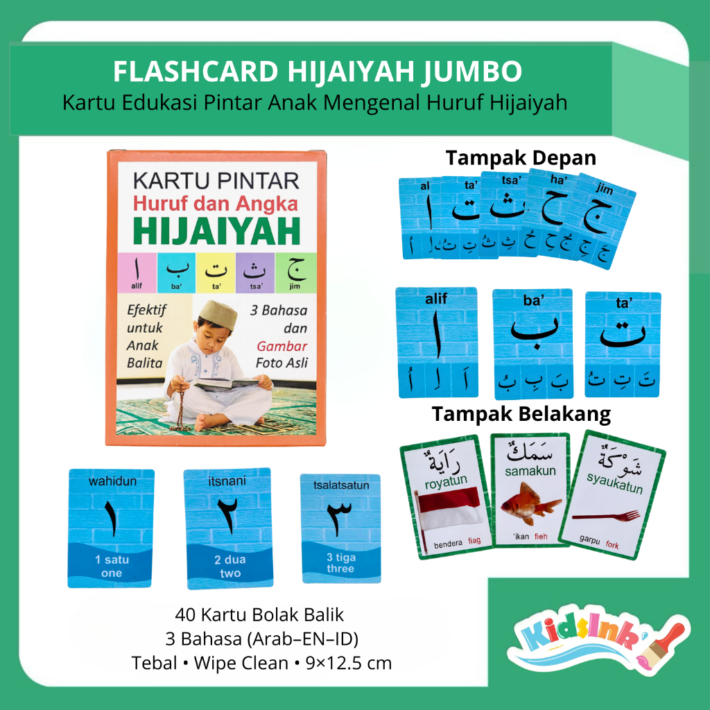 KIDSINK Flashcard Hijaiyah Besar 40 Kartu – Kartu Pintar Huruf & Angka Hijaiyah untuk Anak 3 Bahasa