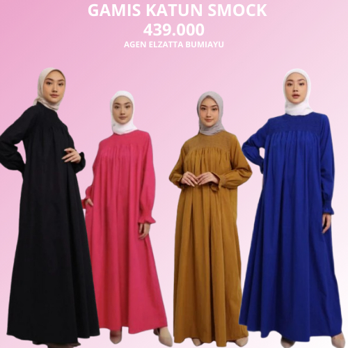 Elzatta Gamis Wanita Katun Smock Gamis Polos Bahan Katun Adem Serap Keringat