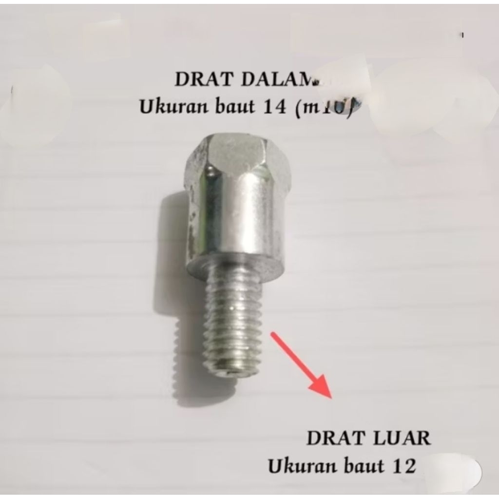 Sambungan Spion Ukuran Baut 12 (M8) Drat Kiri ke Baut 14 (M10) Drat Kanan