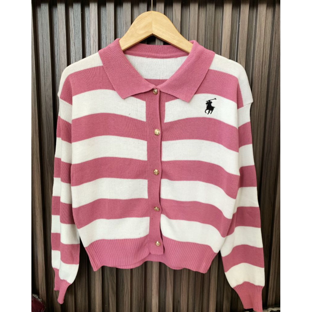 cardigan polo garis garis besar