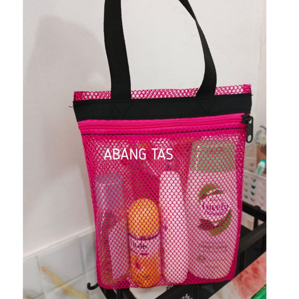 Tas Jaring Sabun Mandi Travel / Tas Kosmetik Skincare Tempat Bedak Bayi Bahan Hitam Tebal Transparan